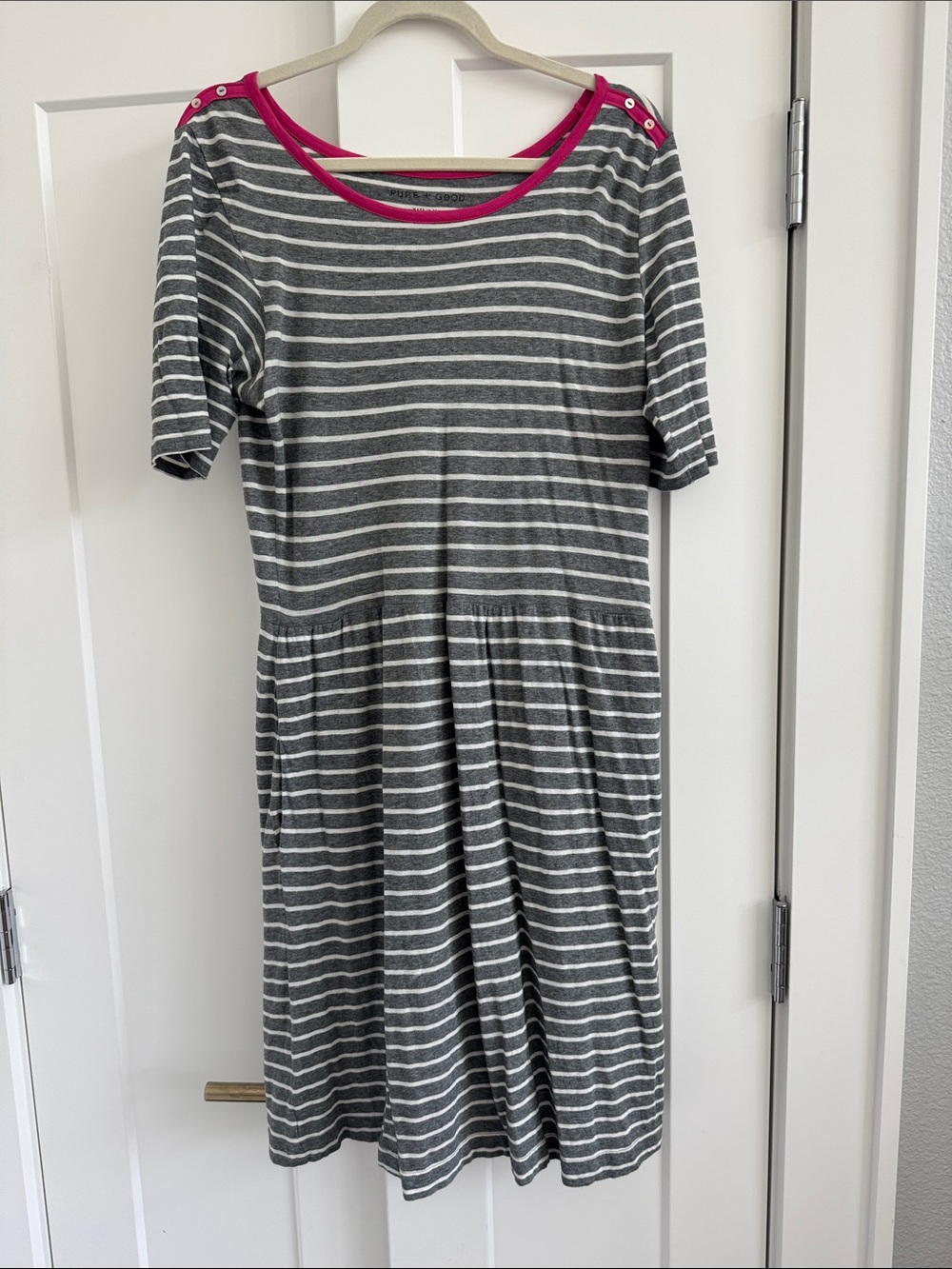 Pure + Good Gray and Pink Striped Mini Dress with Button-Shoulder Detail